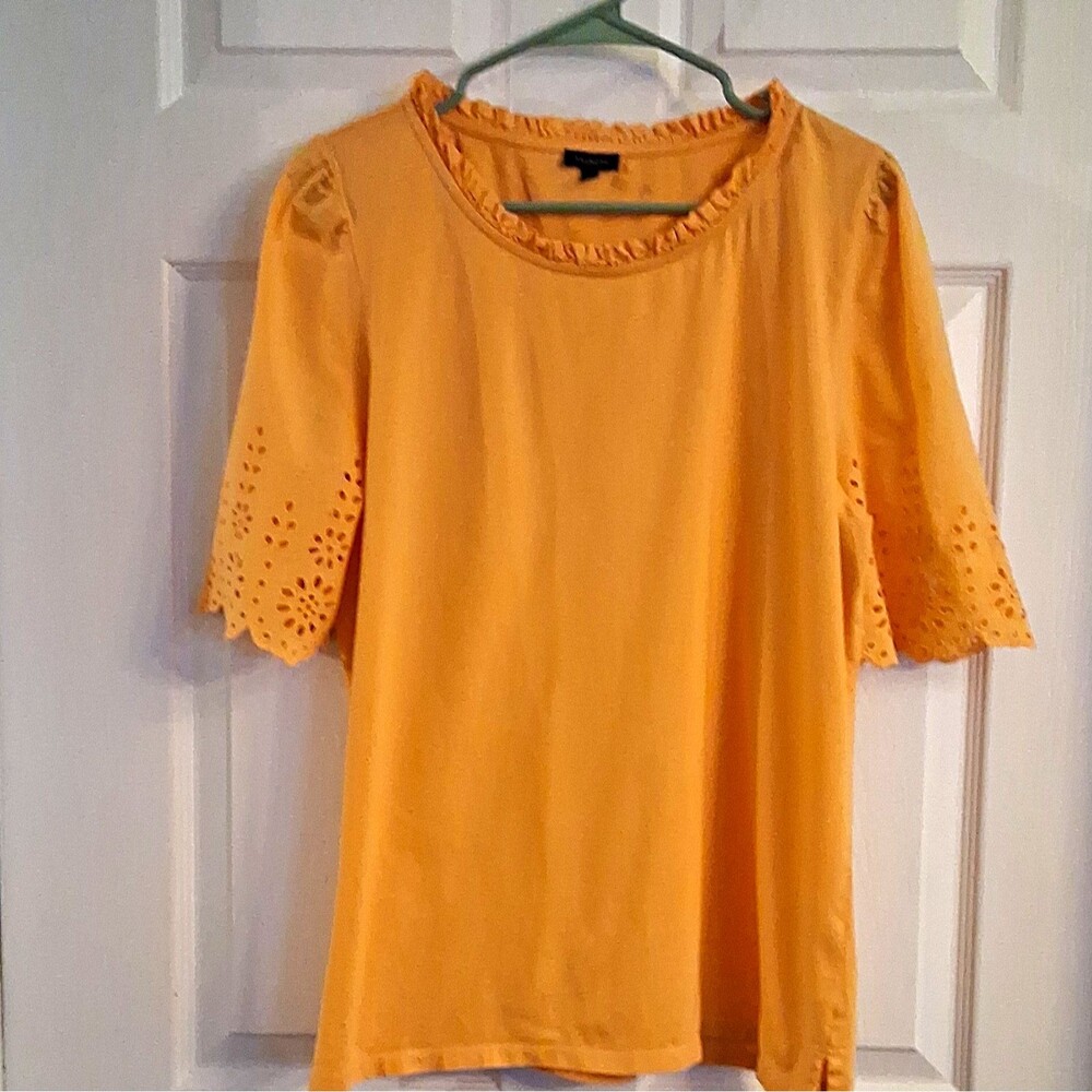 Talbots XL Women's Orange Cotton Eyelet Puff Short Sleeve Ruffle Neck Blouse